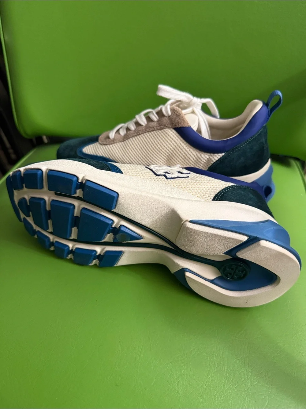 Tory Burch Mixed-Material Sneakers in Blue, Cream & Tan